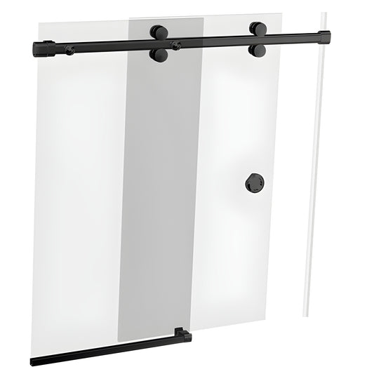 BR178MBL matte-black Bristol frameless sliding shower door system with one sliding panel, one fixed panel, top rollers.