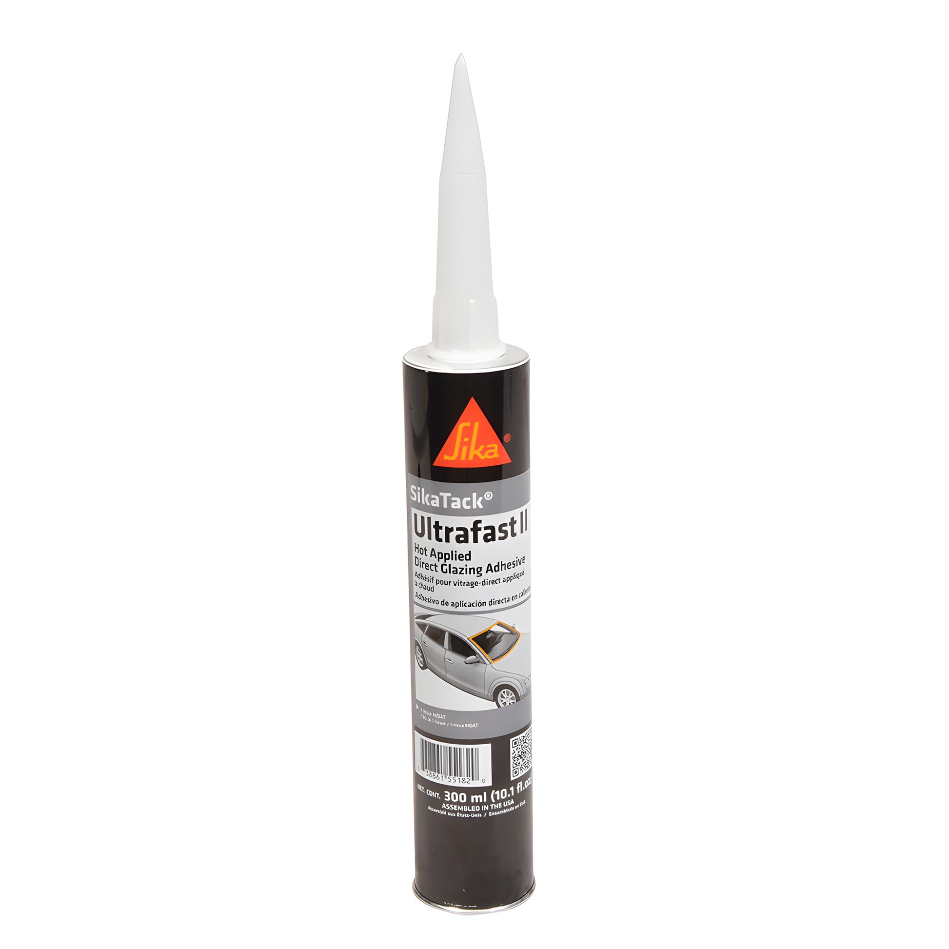 SikaTack Ultrafast II black 300 ml windshield urethane cartridge with detached white nozzle (SKU 26924P10)