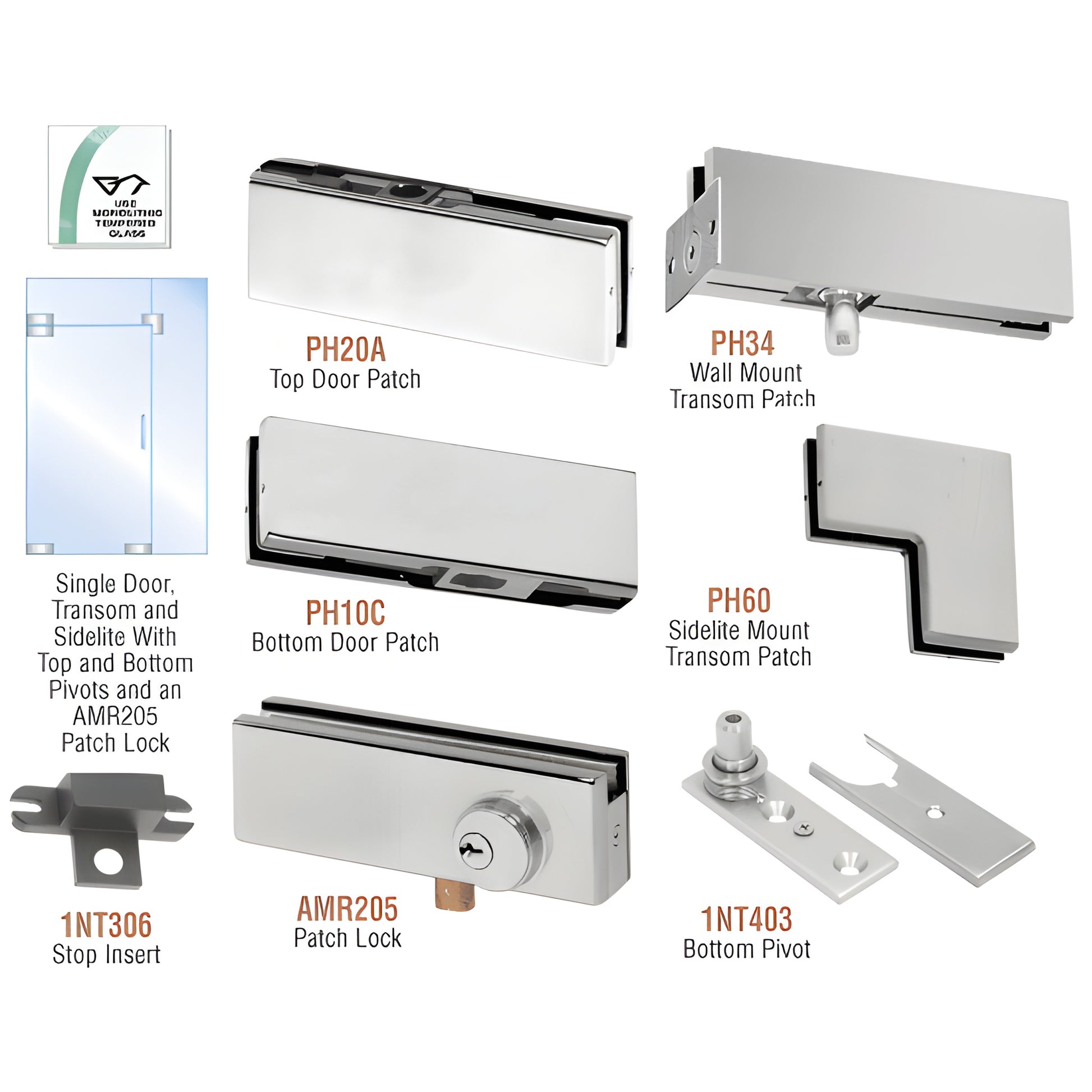 PHA4LBS stainless steel pivot glass door kit with top/bottom patches, transom/sidelite mounts, patch lock, pivots.