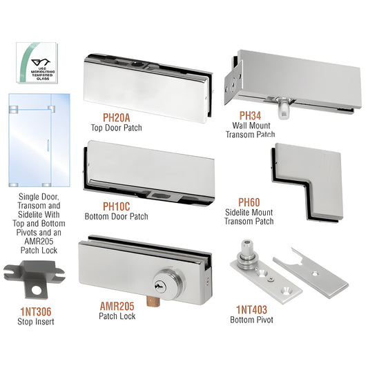 PHA4LBS stainless steel pivot glass door kit with top/bottom patches, transom/sidelite mounts, patch lock, pivots.