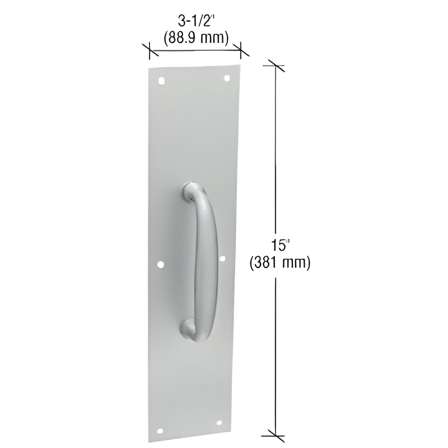 CRL 57N satin aluminum 15 in x 3-1/2 in pre-drilled pull plate with diecast handle and beveled edges