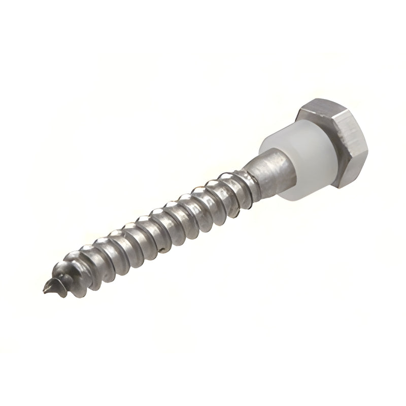 Stainless steel 2" lag screw with hex head and white nylon spacer for aluminum cap railing end caps - SKU SECB1
