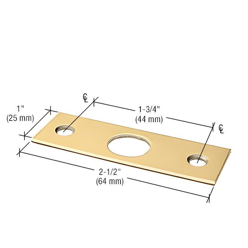 Polished brass strike plate SKU 777SPPB, 2-1/2 in x 1 in, 1-3/4 in center, two screw holes and center opening.