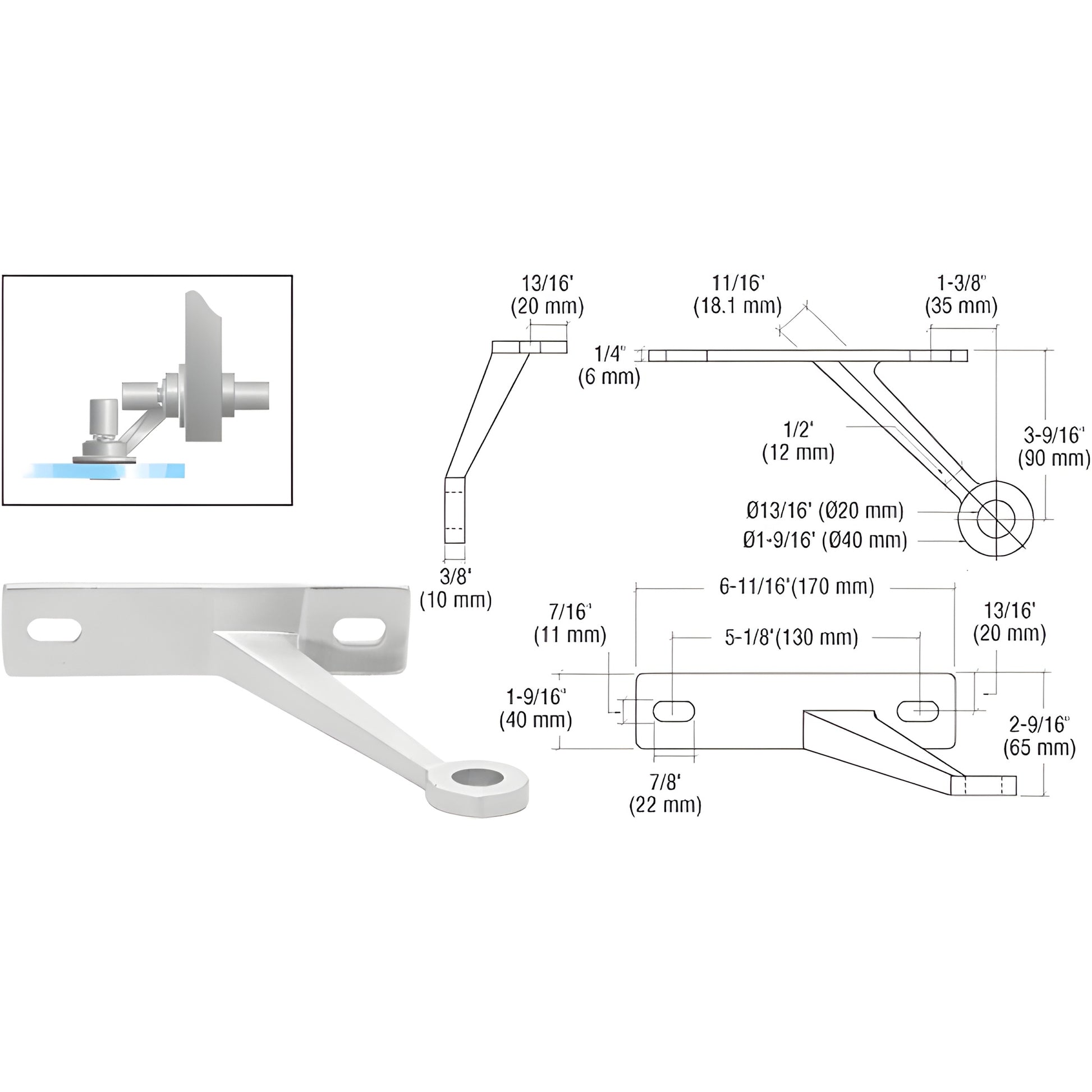Stainless steel glass-to-wall standoff bracket SKU FMR1LHPS - angled arm, circular stud hole, mounting plate, drawing.