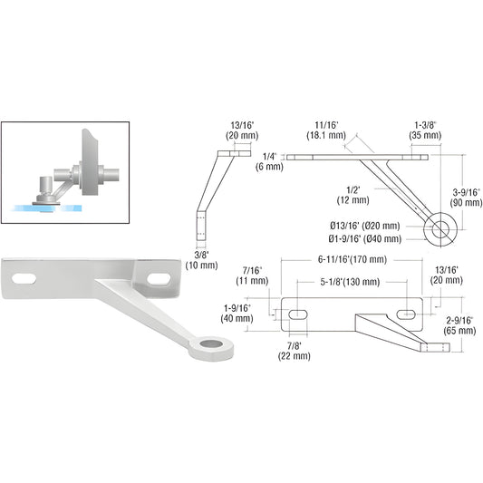 Stainless steel glass-to-wall standoff bracket SKU FMR1LHPS - angled arm, circular stud hole, mounting plate, drawing.