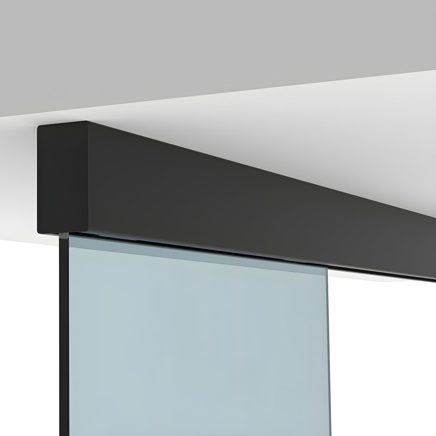 CRL50CMBL matte black structural ceiling-mounted sliding track with top-hung hardware and tempered glass panel