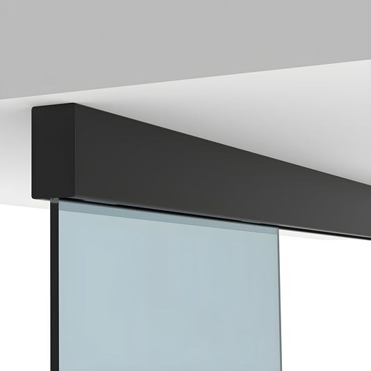 CRL50CMBL matte black structural ceiling-mounted sliding track with top-hung hardware and tempered glass panel