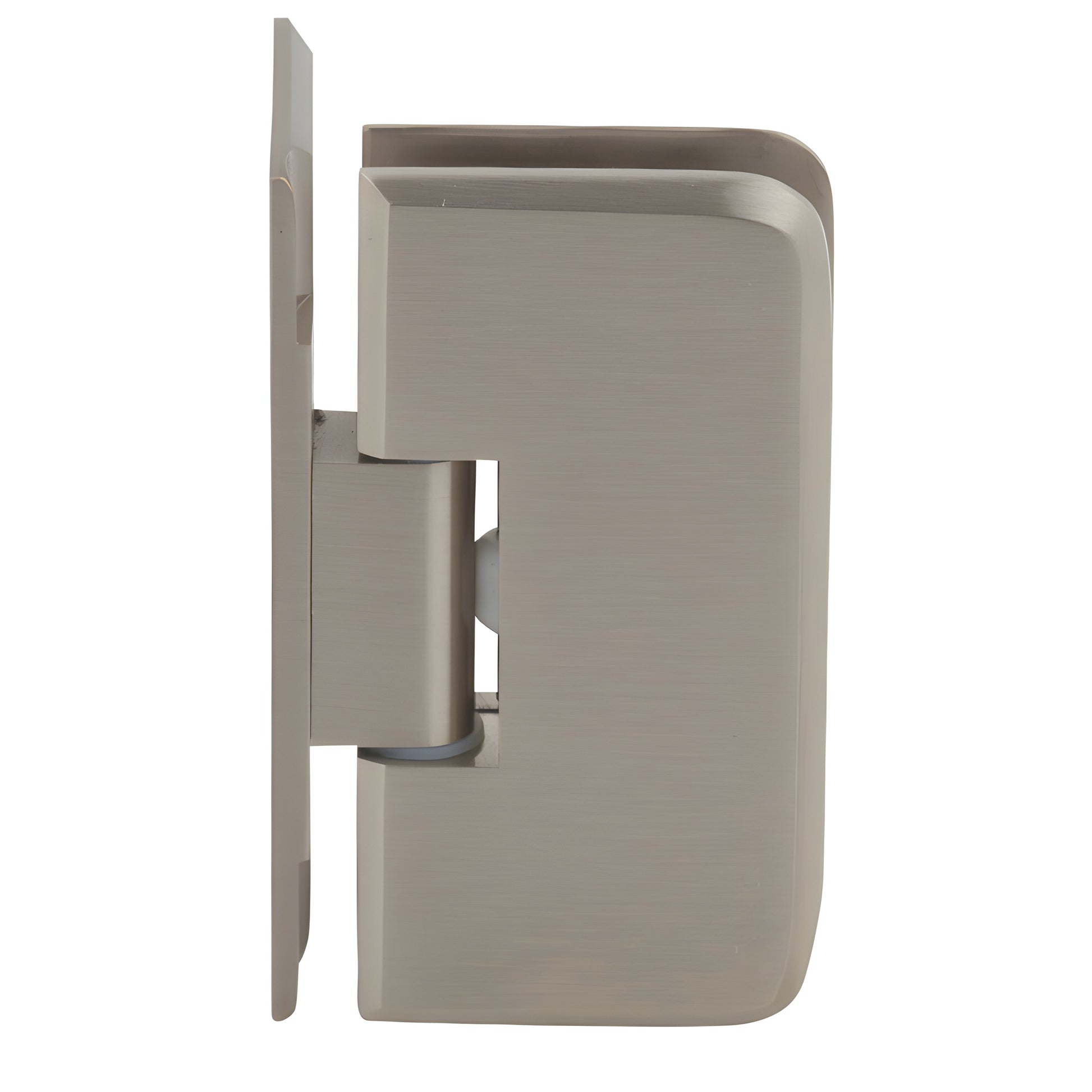 PET044BN brushed-nickel wall-mount offset shower hinge, brass, for 1/4-5/16 (6-8mm) frameless glass.