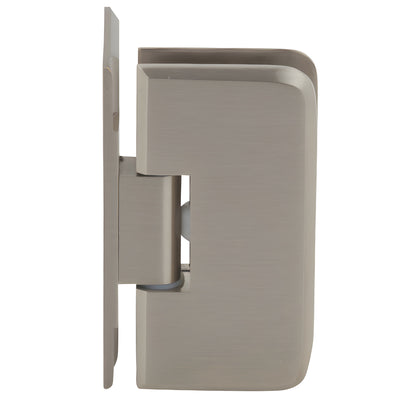 PET044BN brushed-nickel wall-mount offset shower hinge, brass, for 1/4-5/16 (6-8mm) frameless glass.
