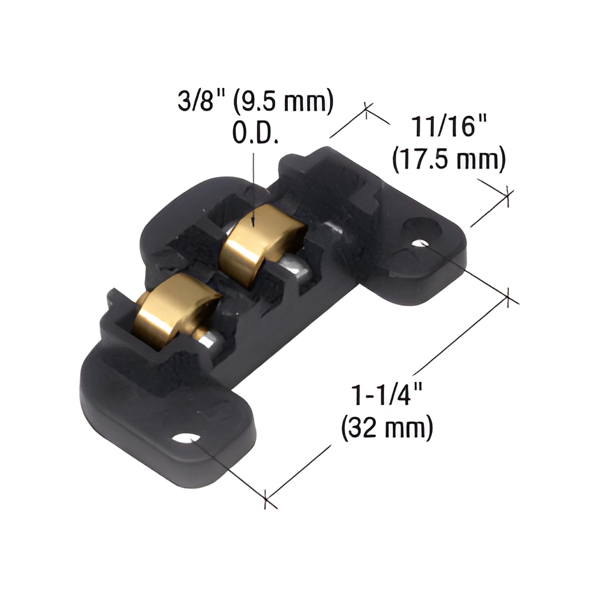 CRL window roller SKU G3132 - black nylon two-position housing with twin brass 3/8" flat rollers, 11/16" wide, mounting holes