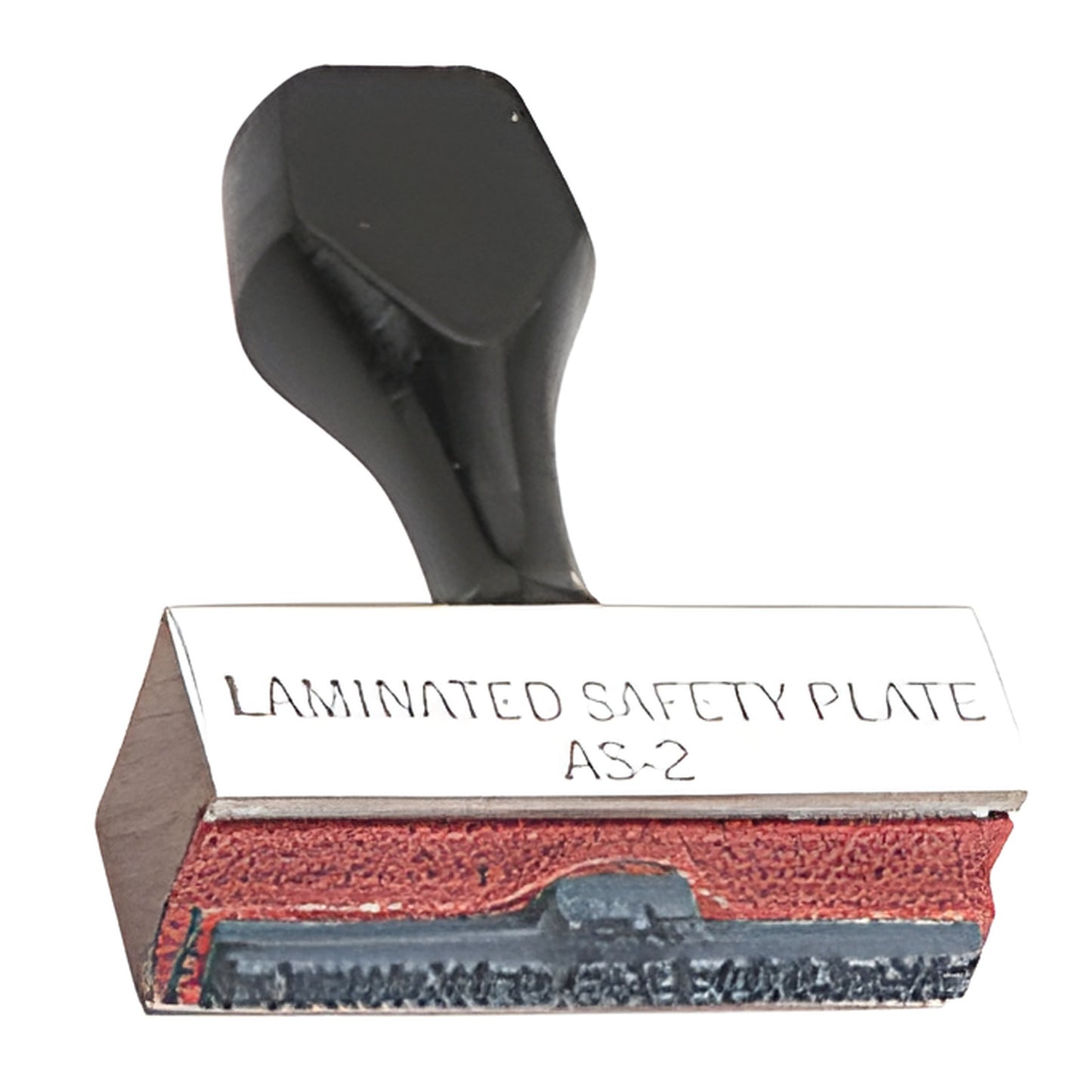 AS2 laminated safety plate stamp with black handle and metal label "LAMINATED SAFETY PLATE AS-2", 2-1/4 in long