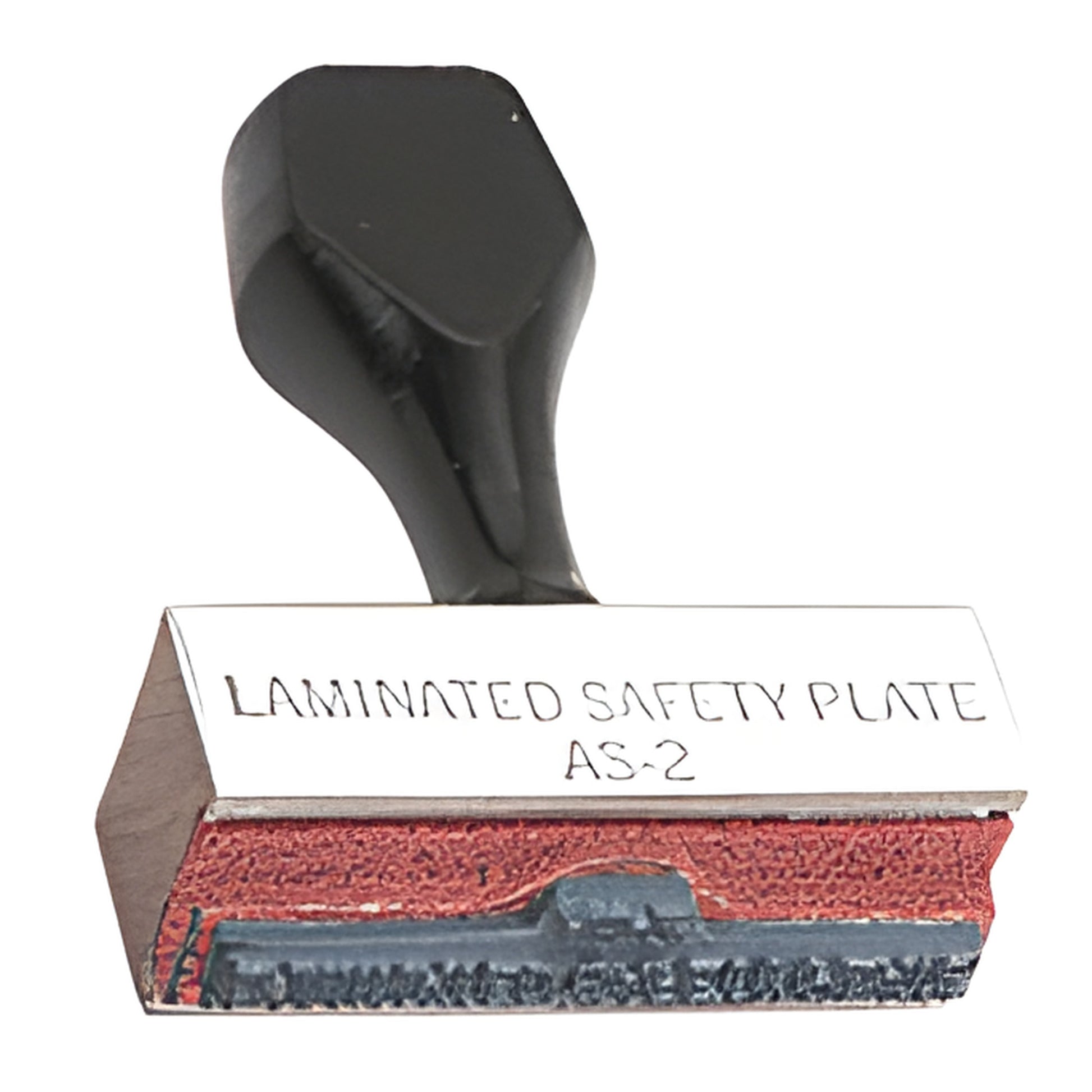 AS2 laminated safety plate stamp with black handle and metal label "LAMINATED SAFETY PLATE AS-2", 2-1/4 in long