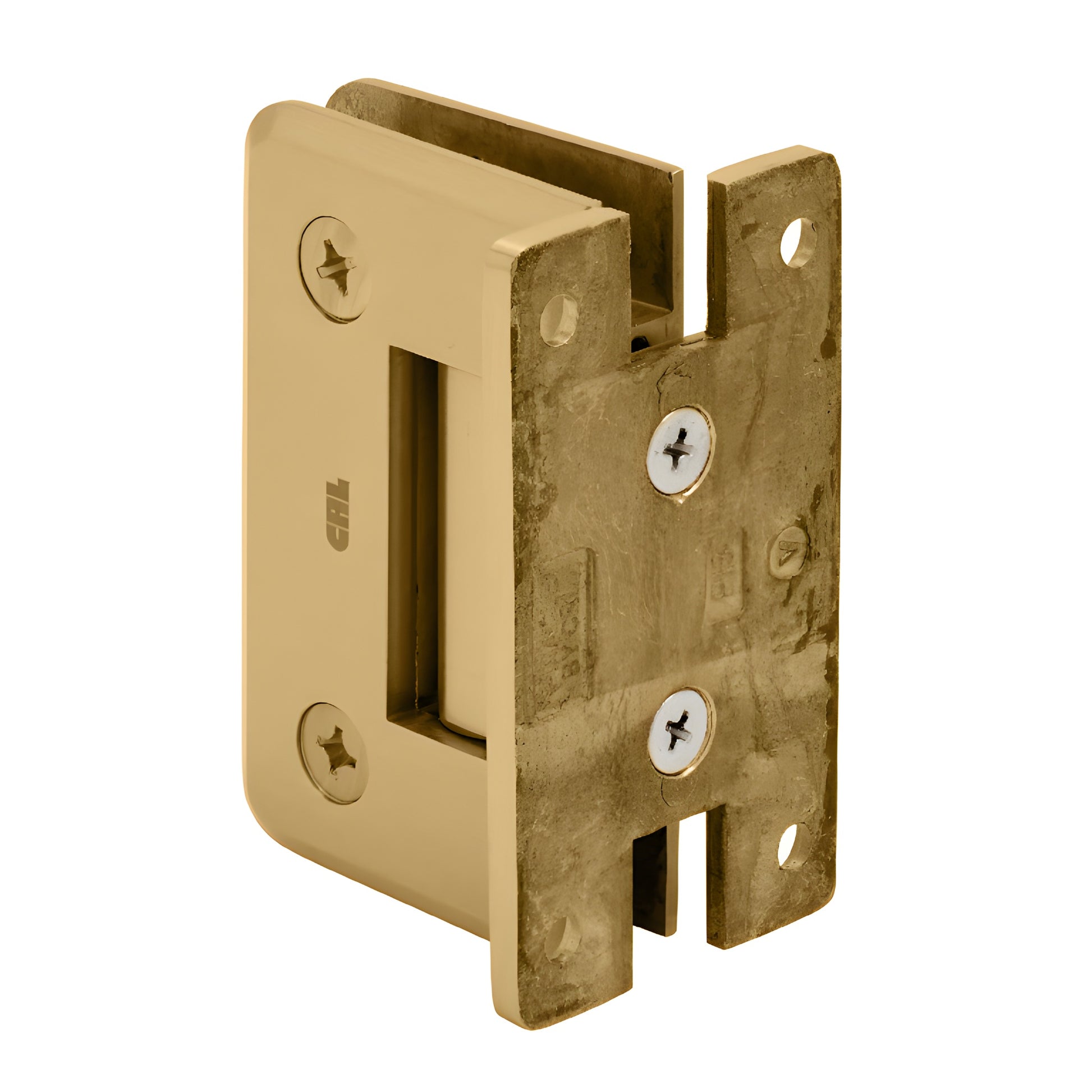P1N037SB satin brass Pinnacle wall-mount shower hinge with beveled edges, H back plate, for 8-12mm tempered glass.