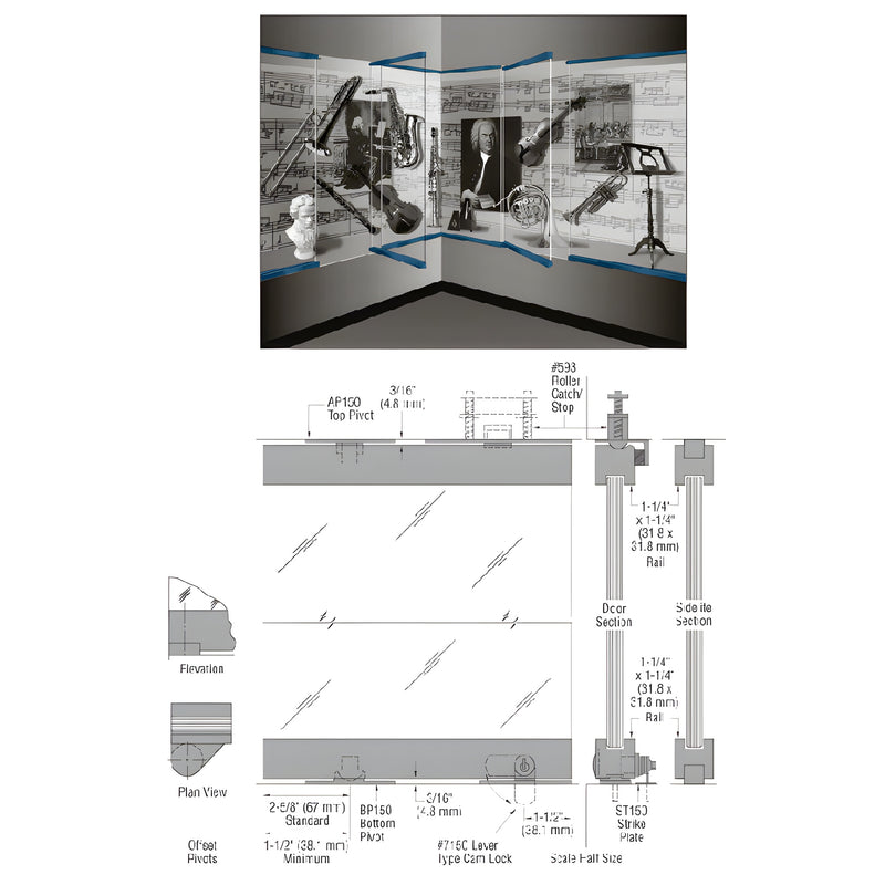CRL-Blumcraft 1301 display doors (SKU 13SDT12PT) photo with technical drawing, slim fully glazed aluminum rails.