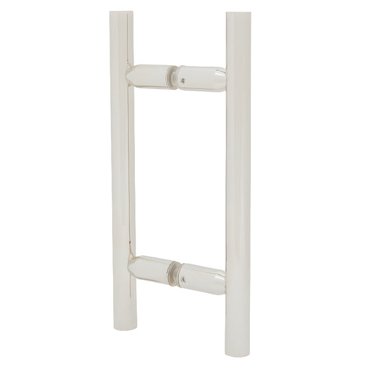 Polished nickel ladder-style 6in glass shower pull handle, tubular brass ladder pull for frameless doors (SKU LP6X6PN)