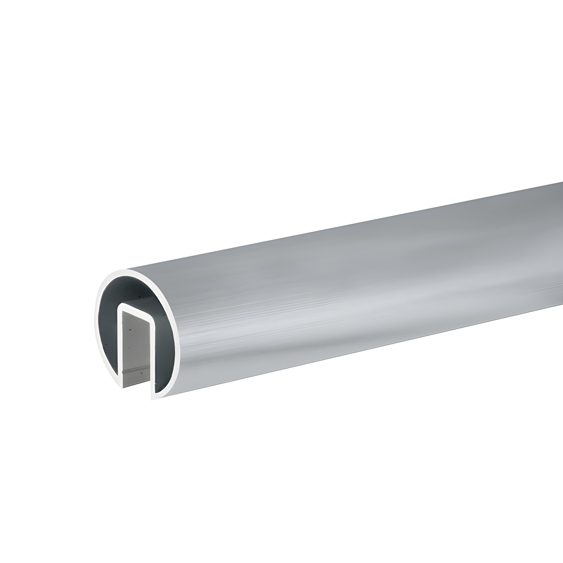 GR19M extruded 6063 T6 aluminum cap rail, mill finish, rounded U-profile for 1/2" or 5/8" glass (12/16mm).