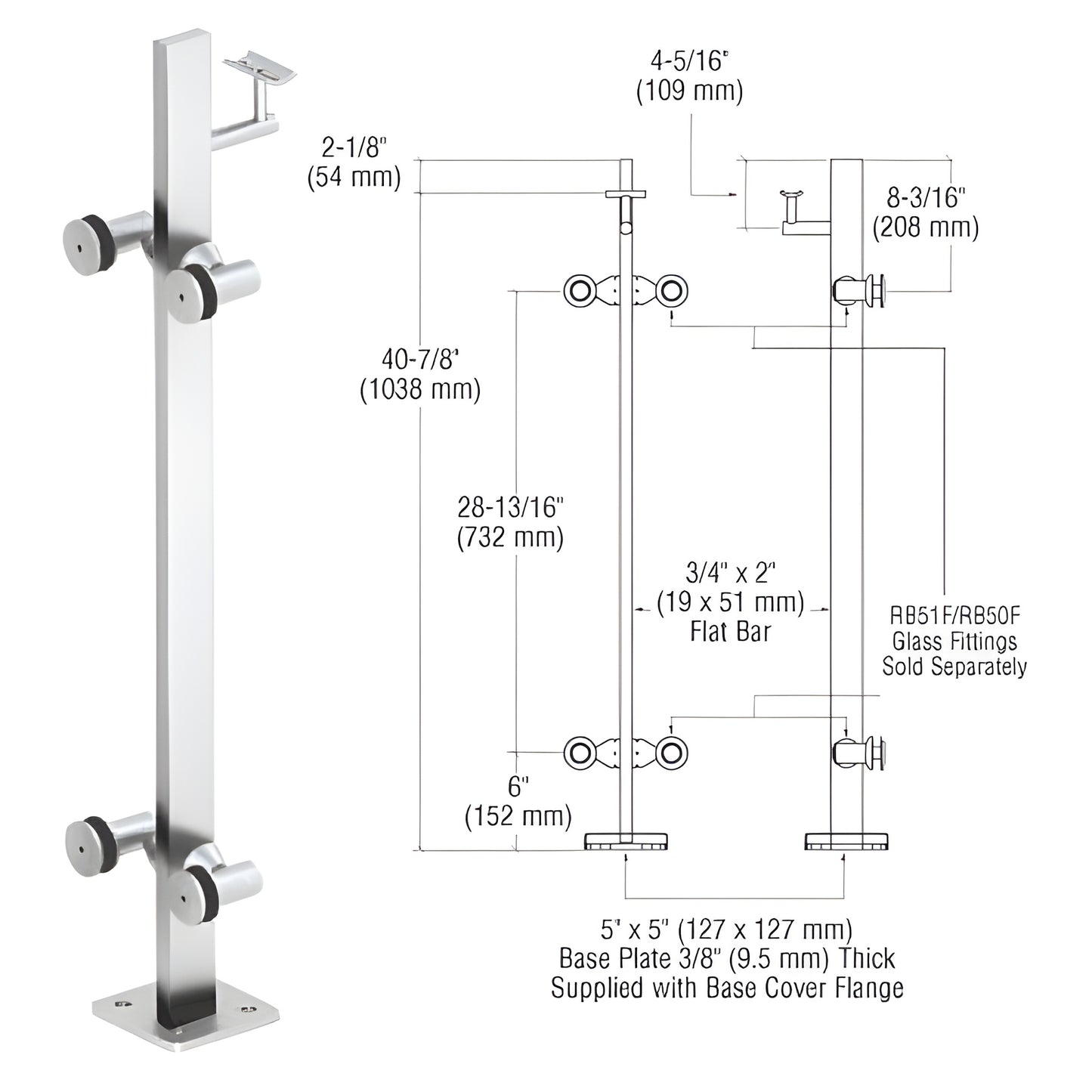 Stainless steel surface-mounted glass post railing kit with 5x5 base plate, P342CPS