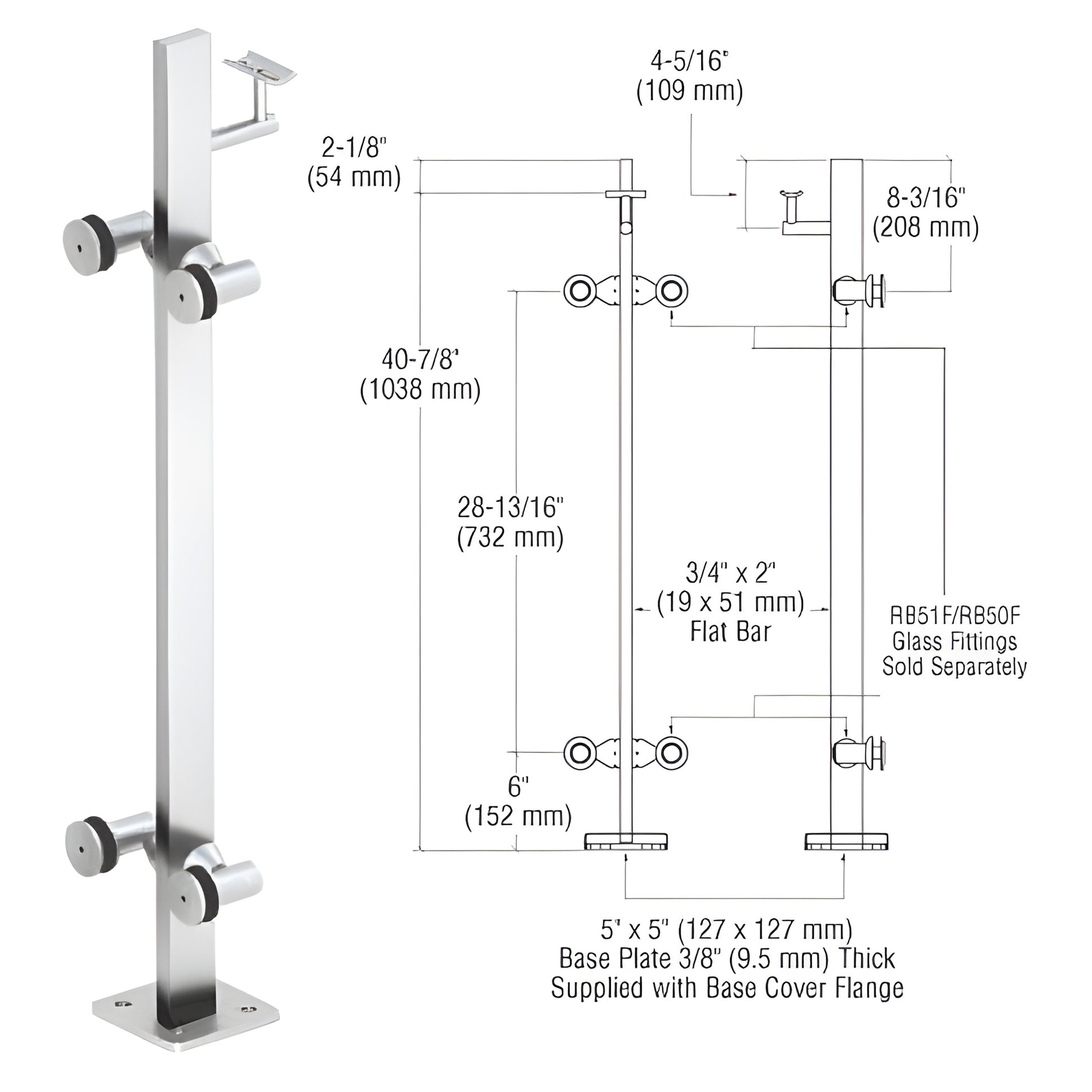 Stainless steel surface-mounted glass post railing kit with 5x5 base plate, P342CPS