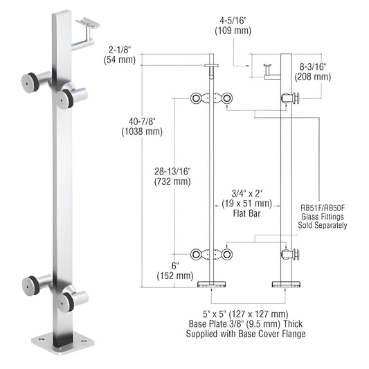 Stainless steel surface-mounted glass post railing kit with 5x5 base plate, P342CPS