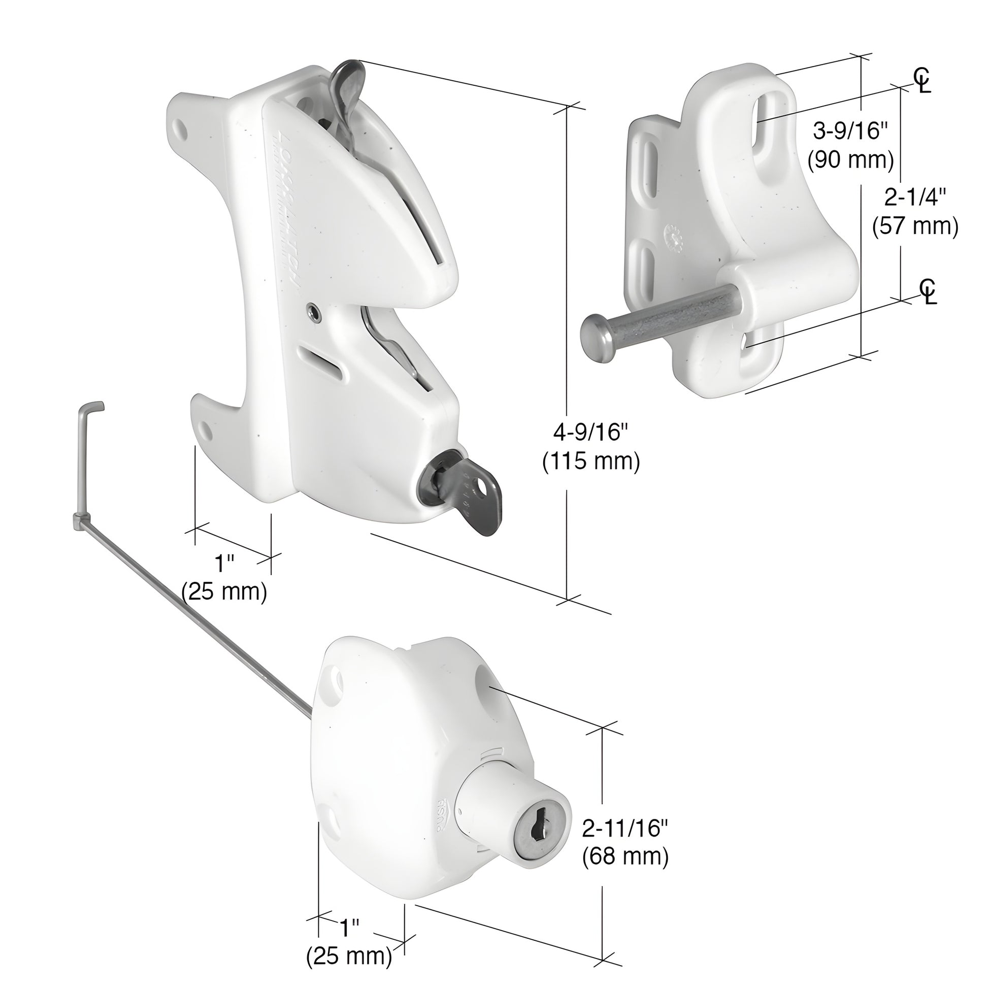 White CRL Lokk-Latch LLA2W gate latch set - polymer push-button lock with key cylinder, strike and reversible adapter