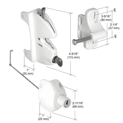 White CRL Lokk-Latch LLA2W gate latch set - polymer push-button lock with key cylinder, strike and reversible adapter