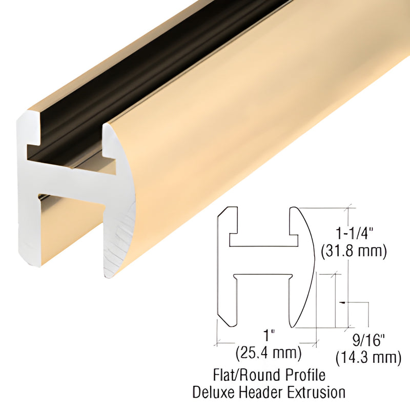 SDH980BGA: Brite gold anodized aluminum deluxe header extrusion for frameless shower glass, 1-1/4" face, fits 8-12 mm glass.