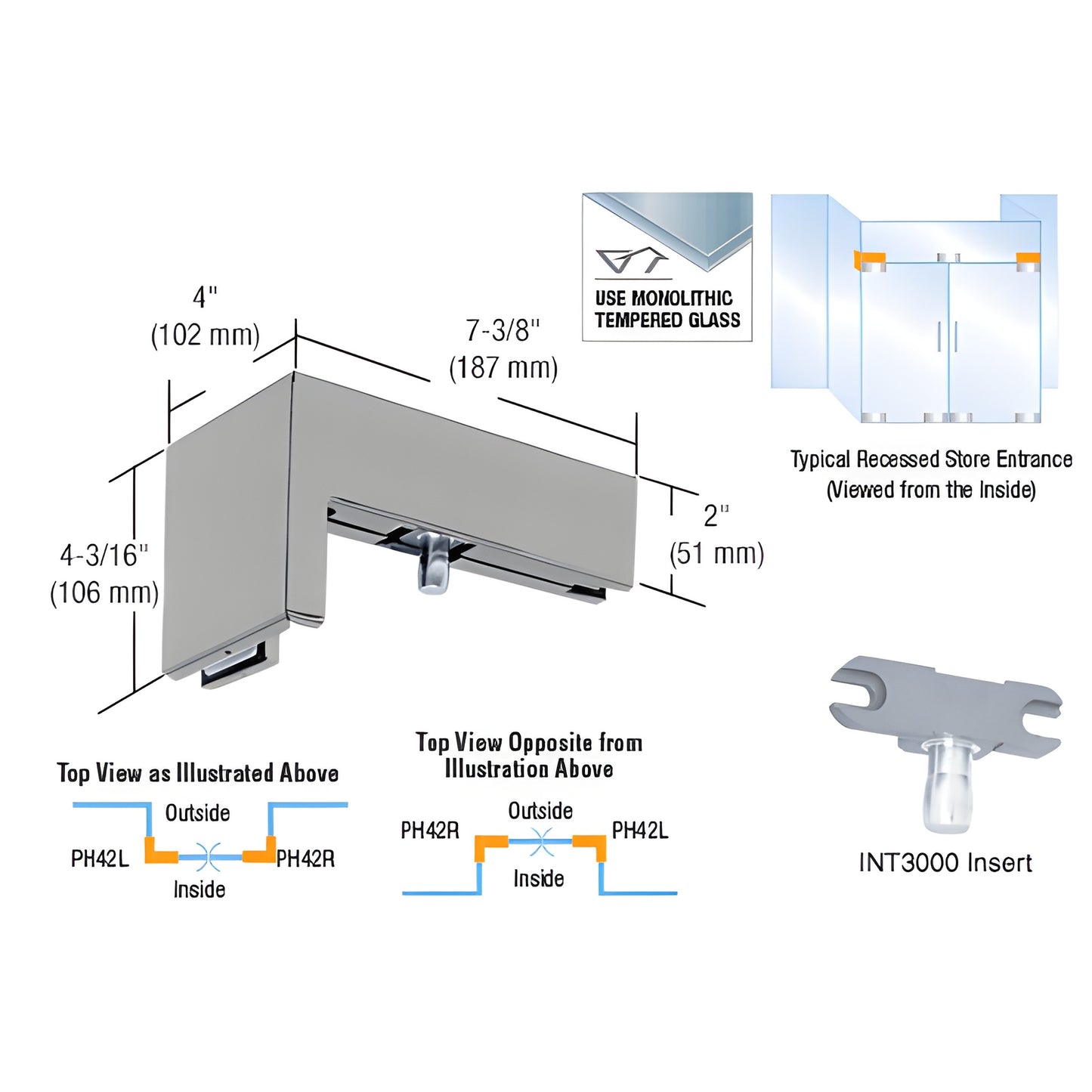 PH42LBS brushed stainless 90 left-hand sidelite-mounted transom patch for 3/8" (10mm) glass, with INT300 insert.