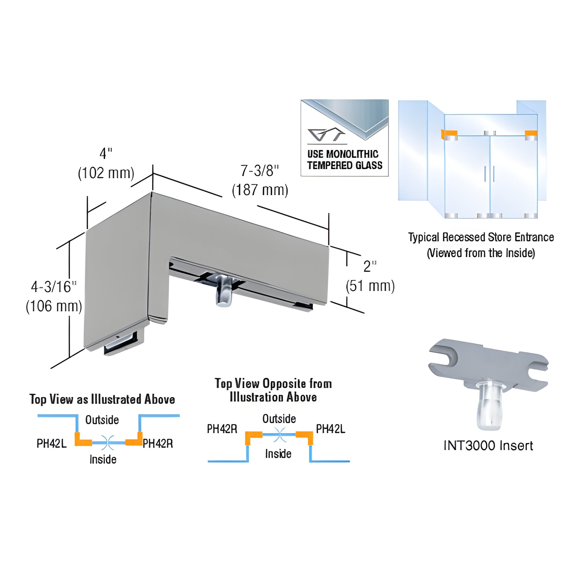 PH42LBS brushed stainless 90 left-hand sidelite-mounted transom patch for 3/8" (10mm) glass, with INT300 insert.