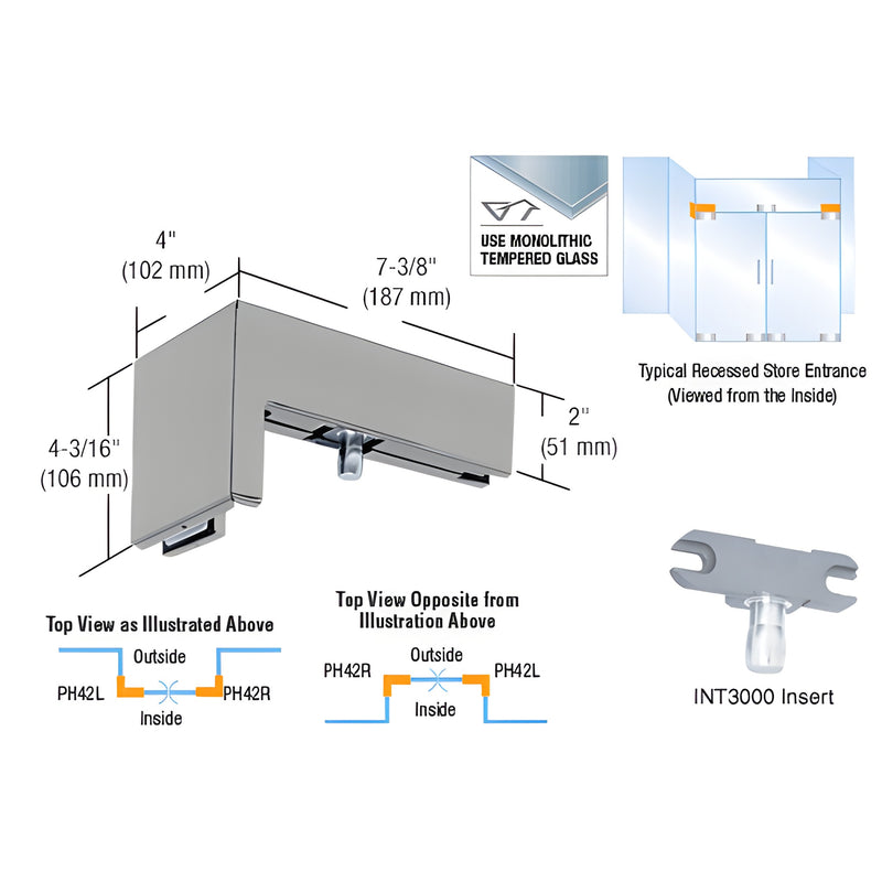 PH42LBS brushed stainless 90 left-hand sidelite-mounted transom patch for 3/8" (10mm) glass, with INT300 insert.