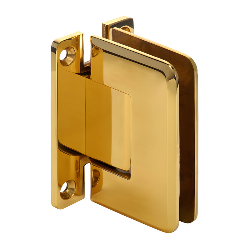 P1N037BR polished brass Pinnacle shower hinge, wall-mount H back plate for 8-12mm glass, beveled corners, self-centering.