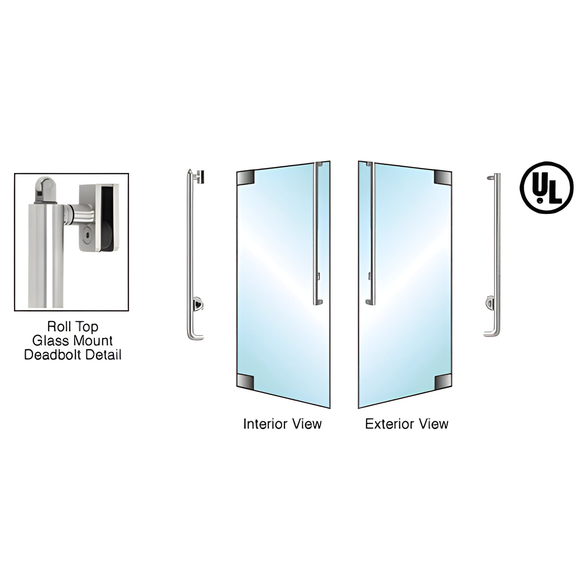 Brushed stainless steel DBR160J3G1BS all-glass door deadbolt handle, 1/2" glazing, right-hand reverse, cylinder/thumbturn