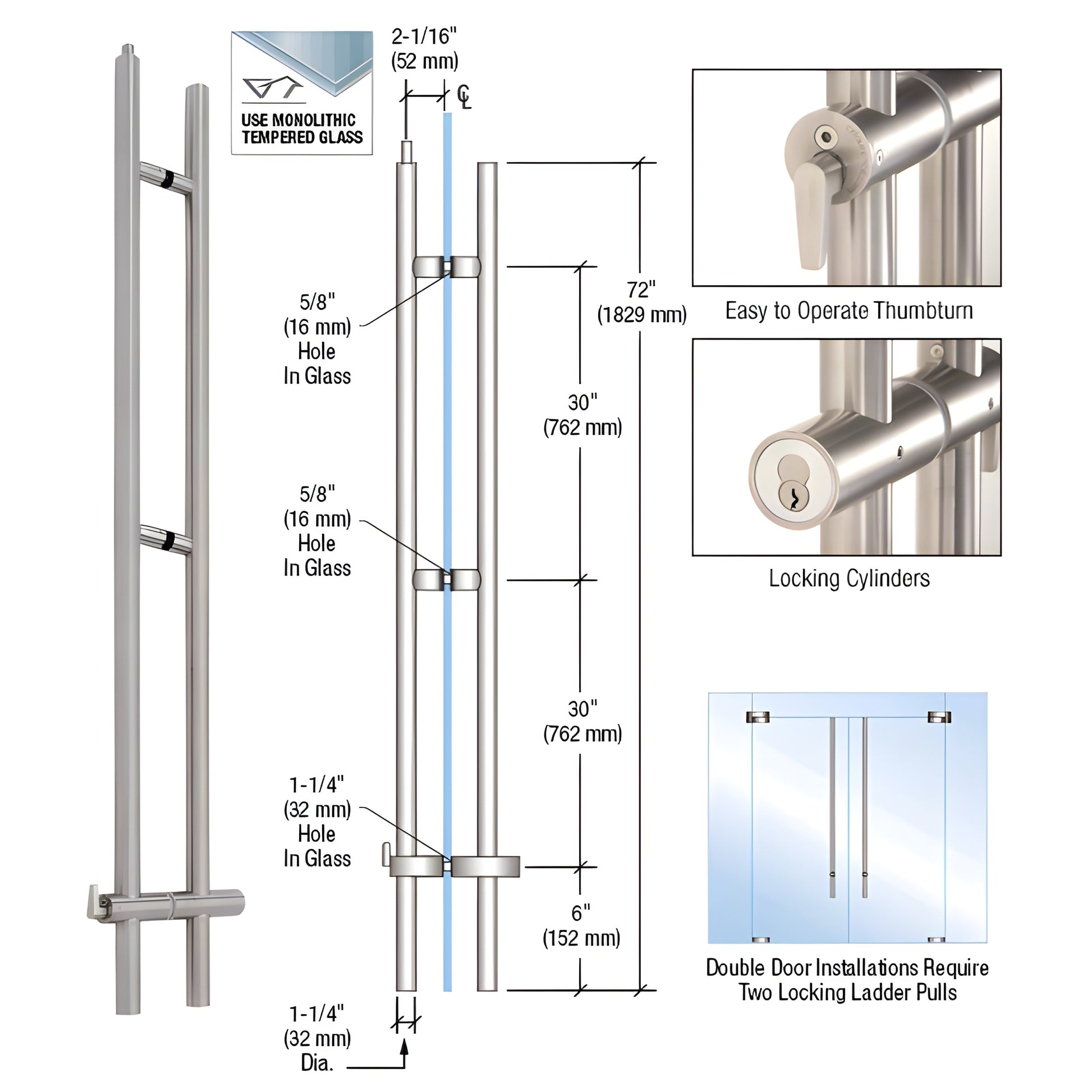 LLPUA72BS 72 in. brushed 316 stainless upward-locking ladder pull for tempered glass doors, concealed ceiling lock, thumbturn