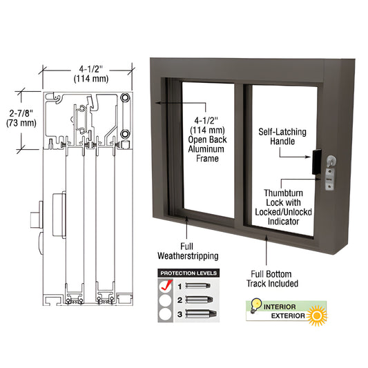 Dark bronze bullet resistant sliding service window (SKU SBRWEXDU1), 3/4" polycarbonate glazing, weatherized, self latching h