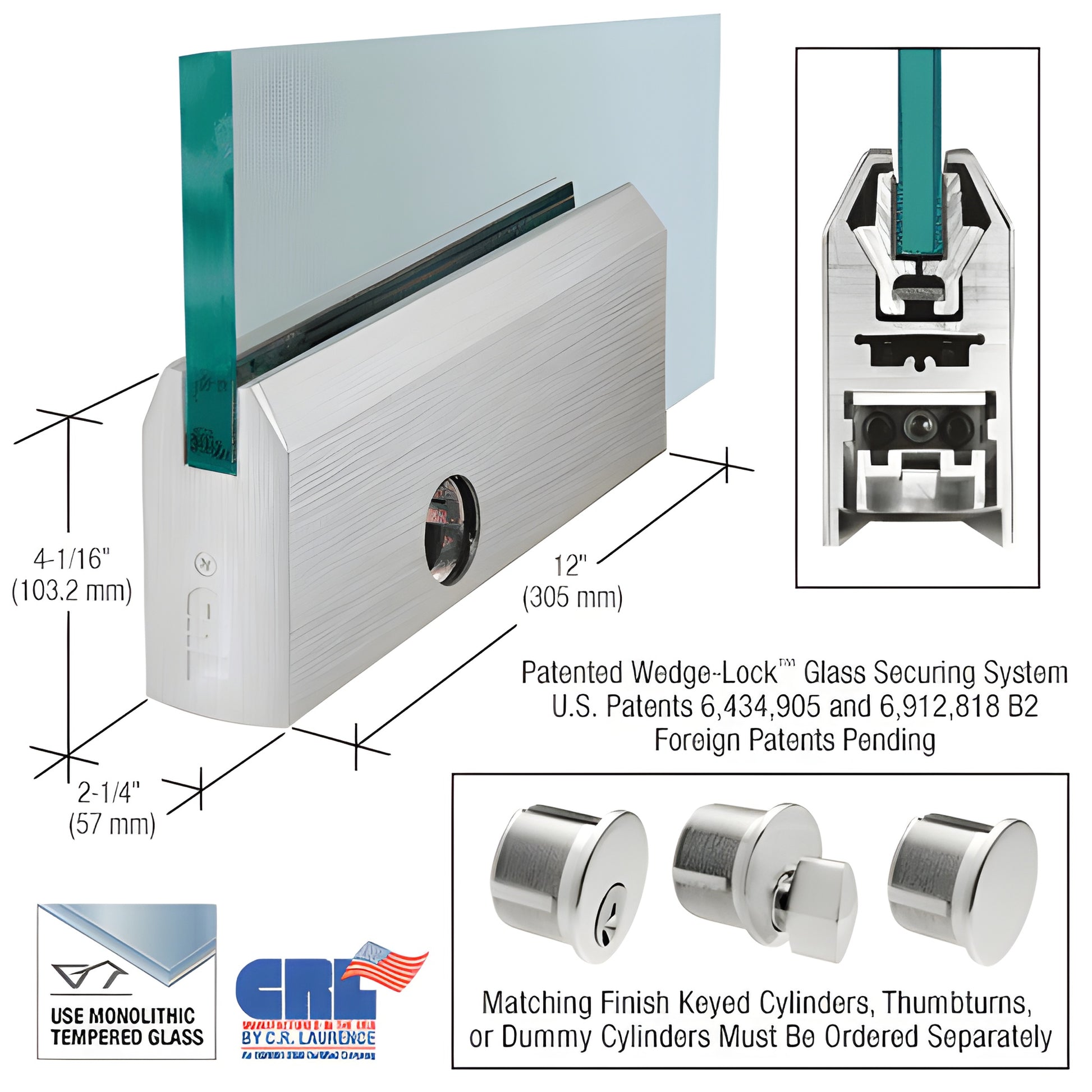 CRL Wedge-Lock 12in brushed stainless tapered door rail for 3/4in glass, lock included. SKU DR4TBS34PL