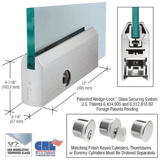 CRL Wedge-Lock 12in brushed stainless tapered door rail for 3/4in glass, lock included. SKU DR4TBS34PL