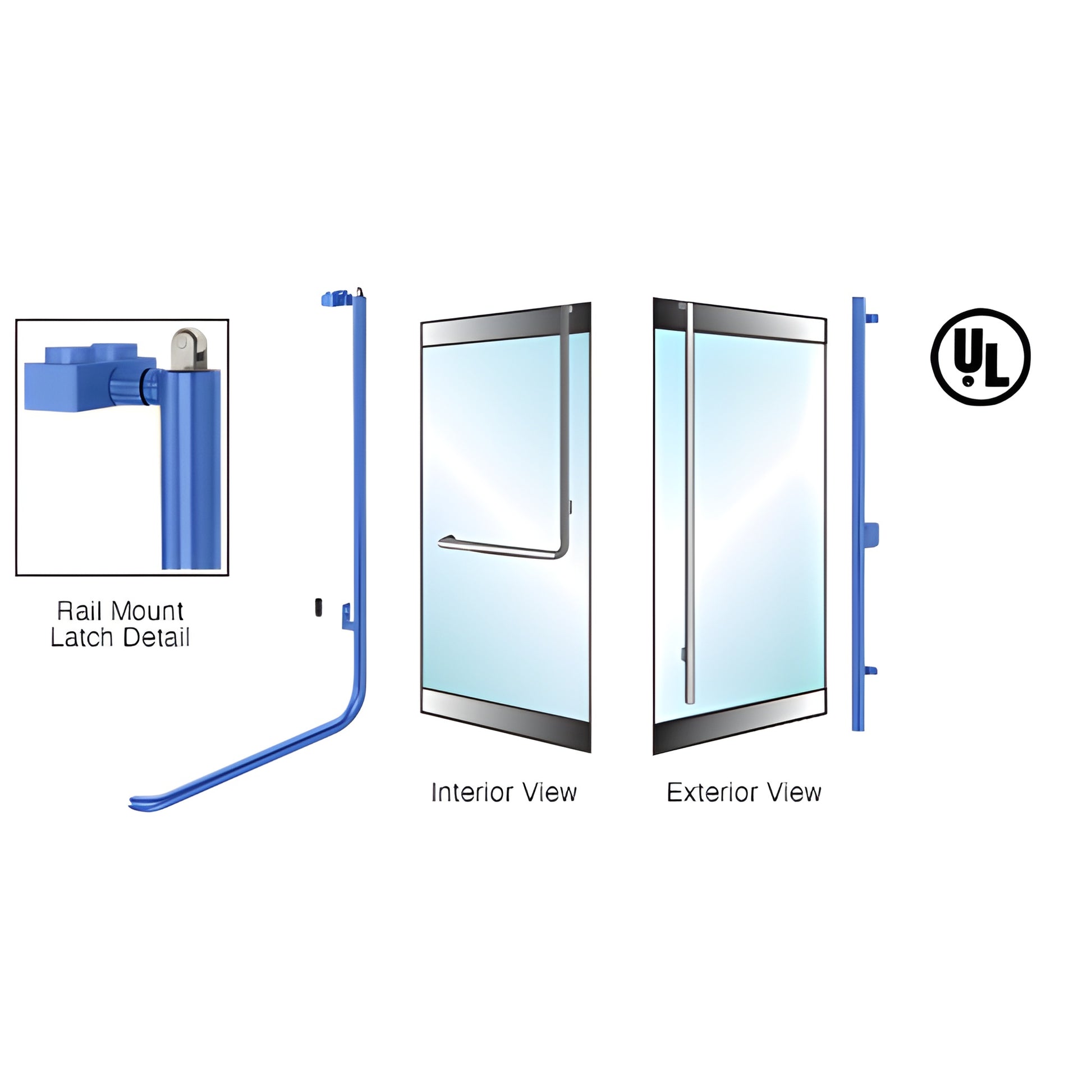 Right-hand reverse rail-mount panic handle for 1/2 tempered glass, 1-1/4 stainless tube, powder-coated - SKU PA100FS3RPPT