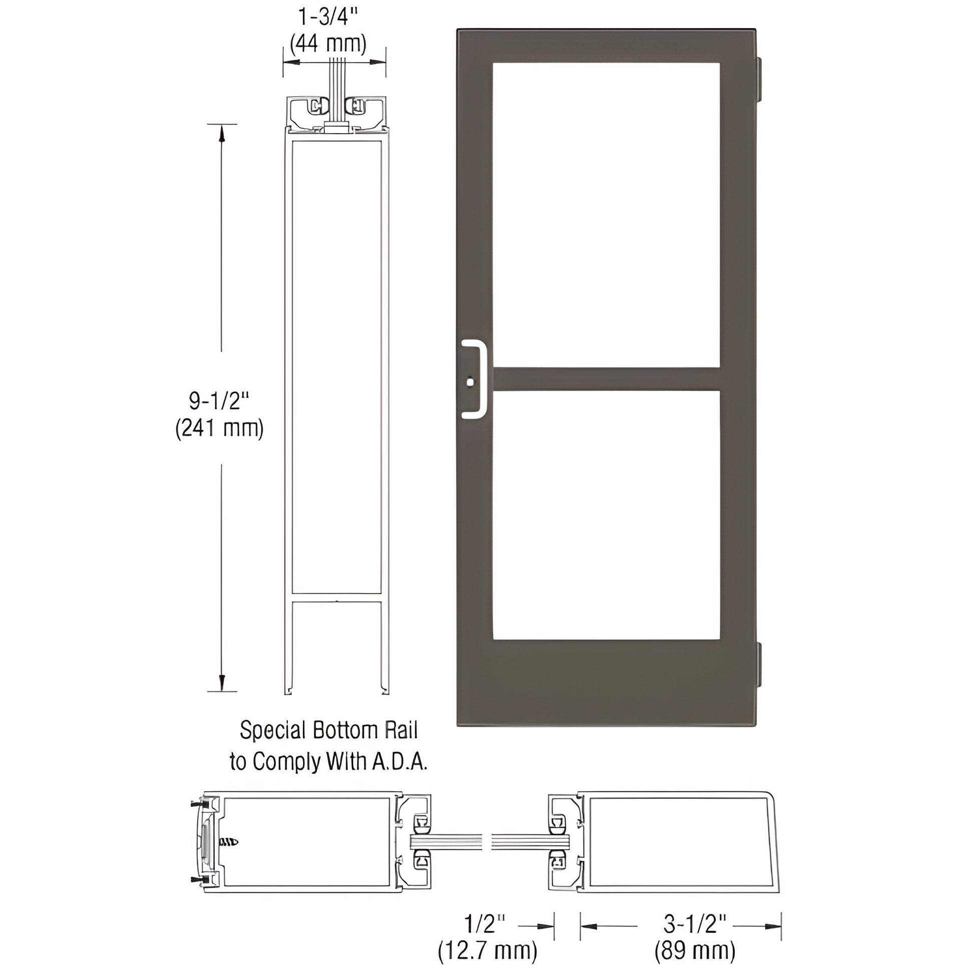 36x84 black bronze anodized commercial entrance door with 9.5in ADA bottom rail, panic hardware, SKU 1CZ42522LA36