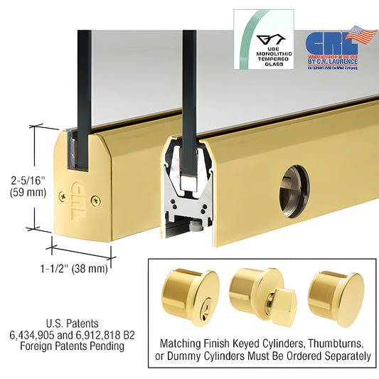 Satin brass CRL low-profile door rail DR2TSB12CL for 1/2" (12mm) glass, 2-5/16" (59mm) tall, includes lock.