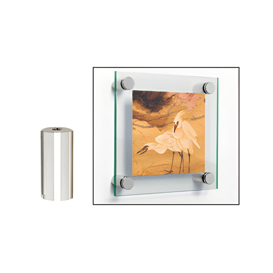 Polished stainless steel 3/4" standoff (SKU S0B34112PS) beside a mounted glass sign displaying bird artwork