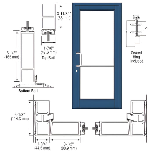 DC81871 Custom Durafront MS commercial door, blue frame with glass panel, 6-1/2" bottom rail; hardware included.