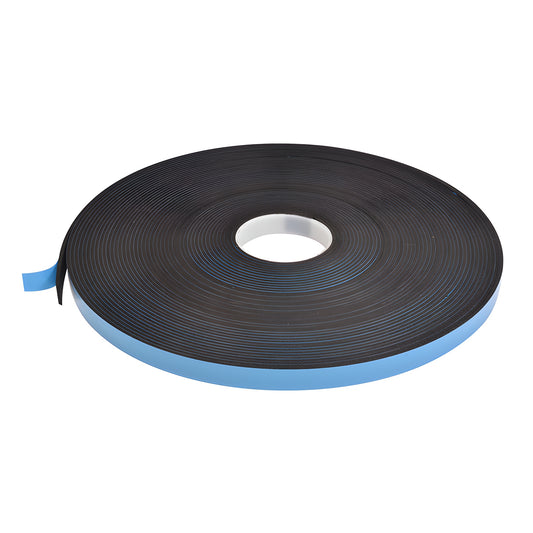Black closed-cell foam glazing tape roll with blue release liner, 3/4 in (19 mm) wide.