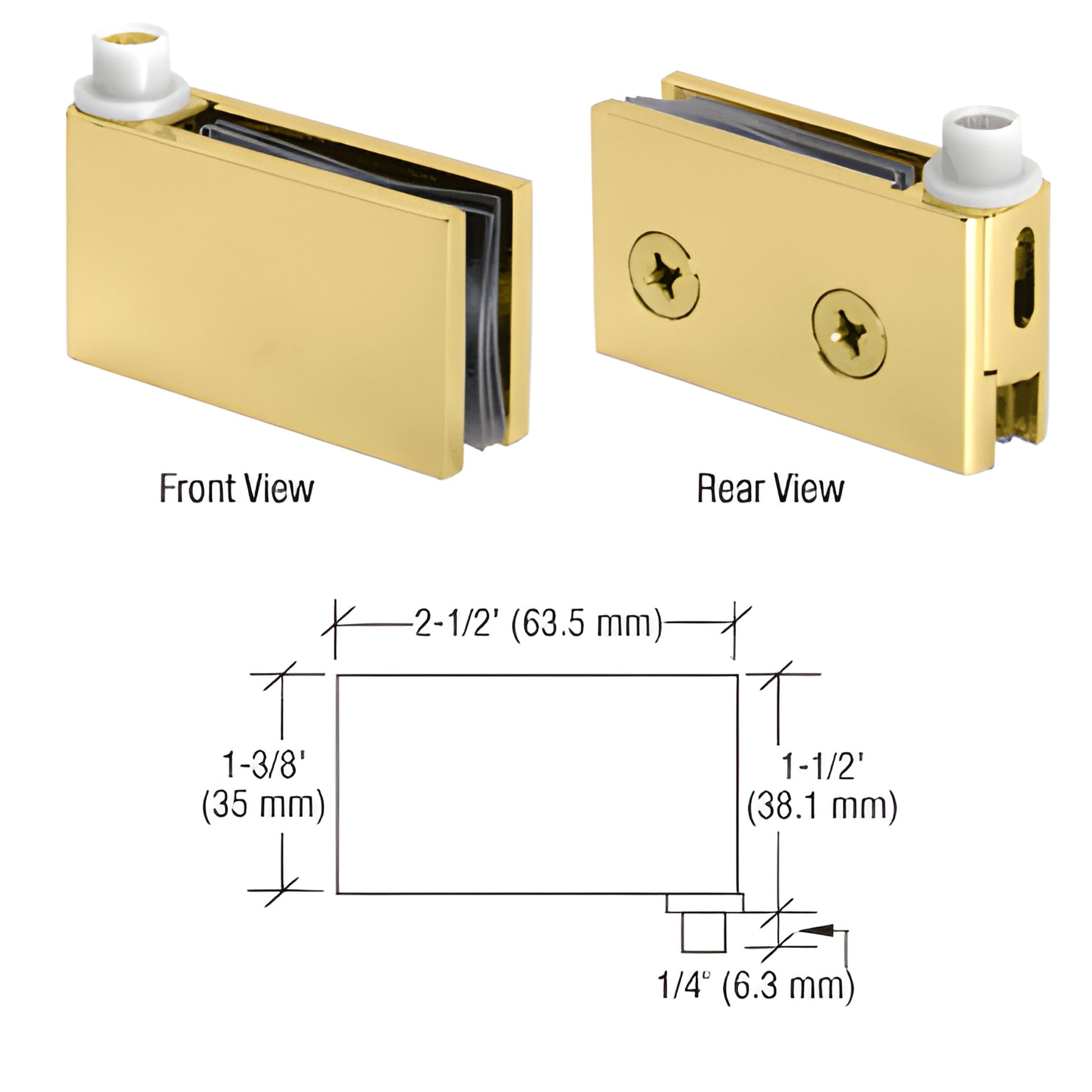 Polished brass CRL flush-mount cabinet pivot hinge FA55BR, front and rear views, fits 1/4-5/16" glass (6-8mm)
