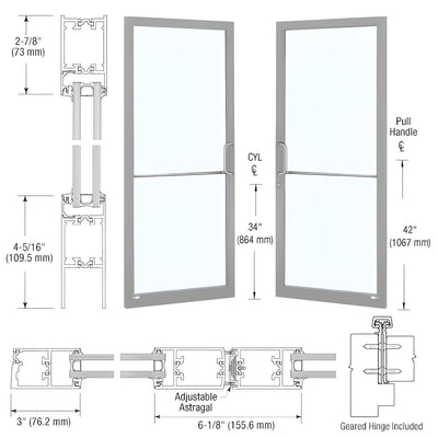 CRL-U.S. Aluminum Clear Anodized Class 1 Custom Pair Series 250T Narrow Stile Geared Hinge Thermal Entrance Doors for Surface Mount Door Closers