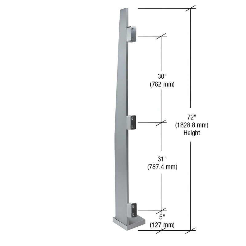MET72LEBS brushed stainless steel 72" Metropolis windscreen post, 5" deep base, three glass clamp brackets, 3/4" face trim.