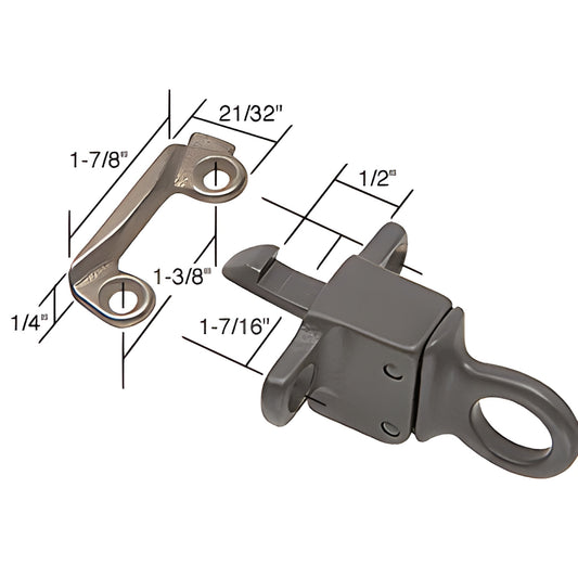 Dark bronze spring-loaded transom window latch with ring and separate keeper, SKU H3594, shown with dimensions.