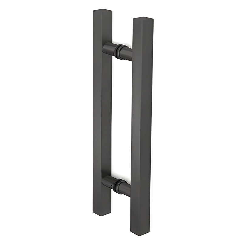 Oil-rubbed bronze square tubular ladder-style frameless shower door pull, 10 in, back-to-back mount.
