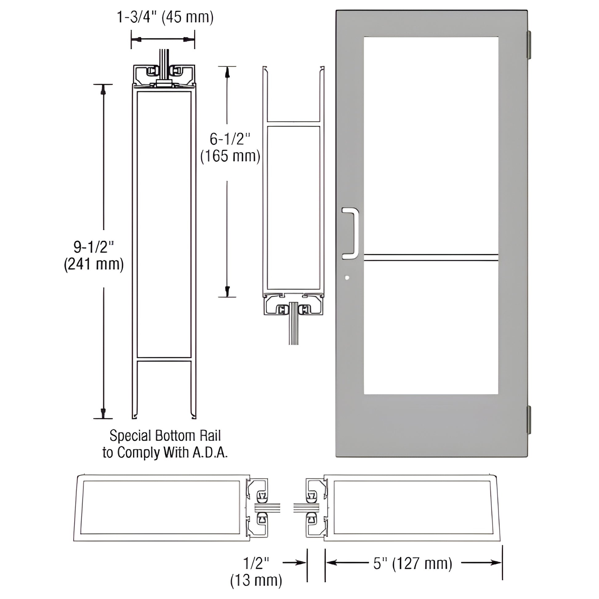DE51411 clear anodized wide-stile commercial entrance door with 5" stiles, 9.5" ADA bottom rail, fits 1/4" glass