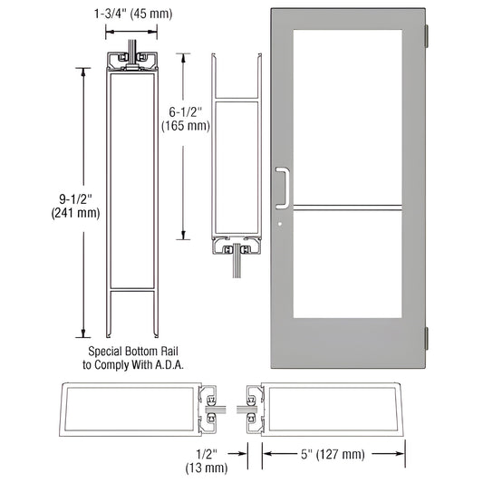 DE51411 clear anodized wide-stile commercial entrance door with 5" stiles, 9.5" ADA bottom rail, fits 1/4" glass