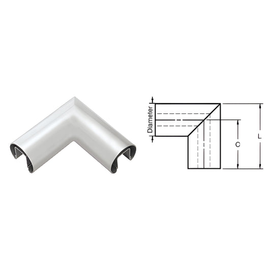 GR19HM 90 mill aluminum slip-fit horizontal corner, 1.9 in (48 mm) diameter, mitered finish for glass cap rail