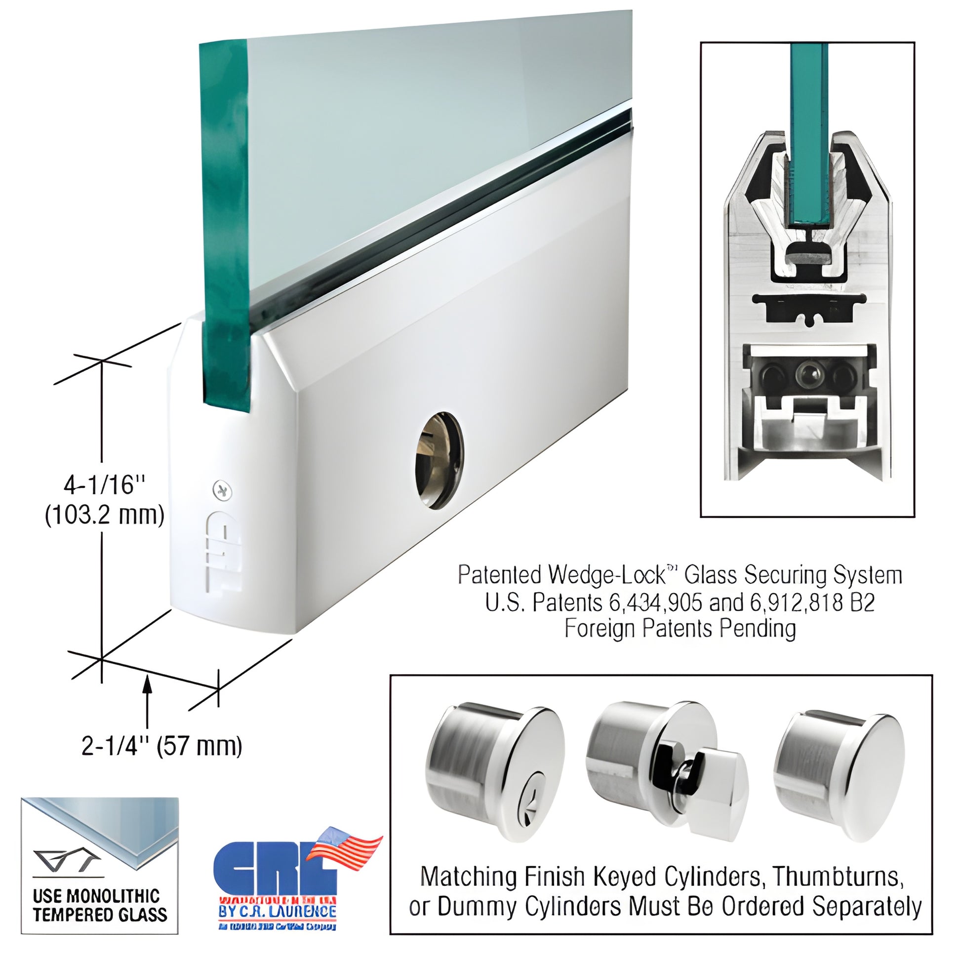 DR4TPS34CL: Polished stainless 4" tapered Wedge Lock door rail for 3/4" tempered glass, 4" high, includes lock.